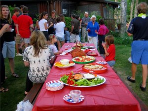 After the games, we meet at the lodge to feast. Appetizers out front before heading inside for the main course of chicken and ribs